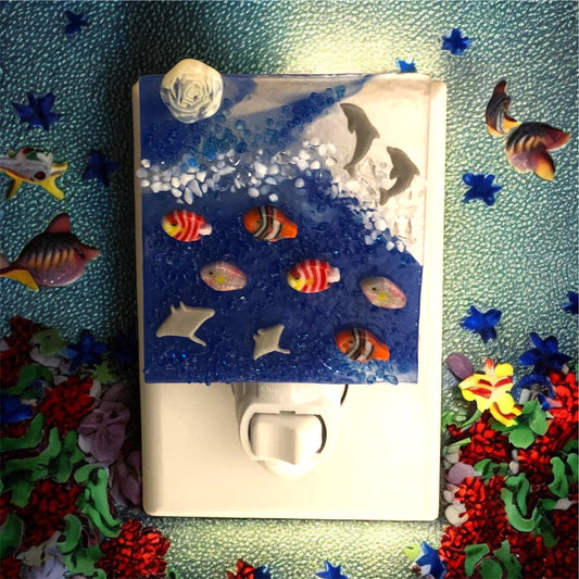 Deep Blue with Dolphins and Rising Moon